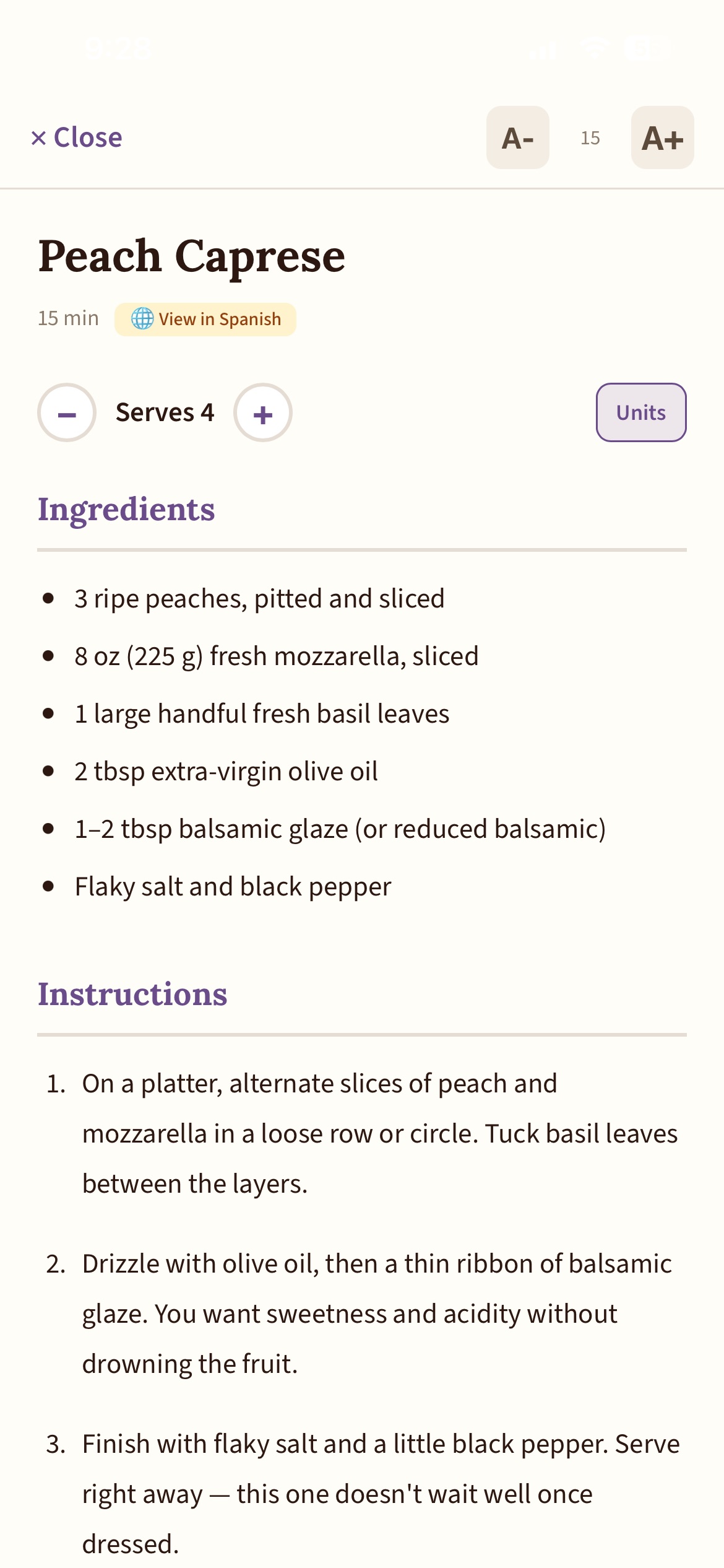 Cook Mode for Peach Caprese: bigger type, servings, units, ingredients, and steps.