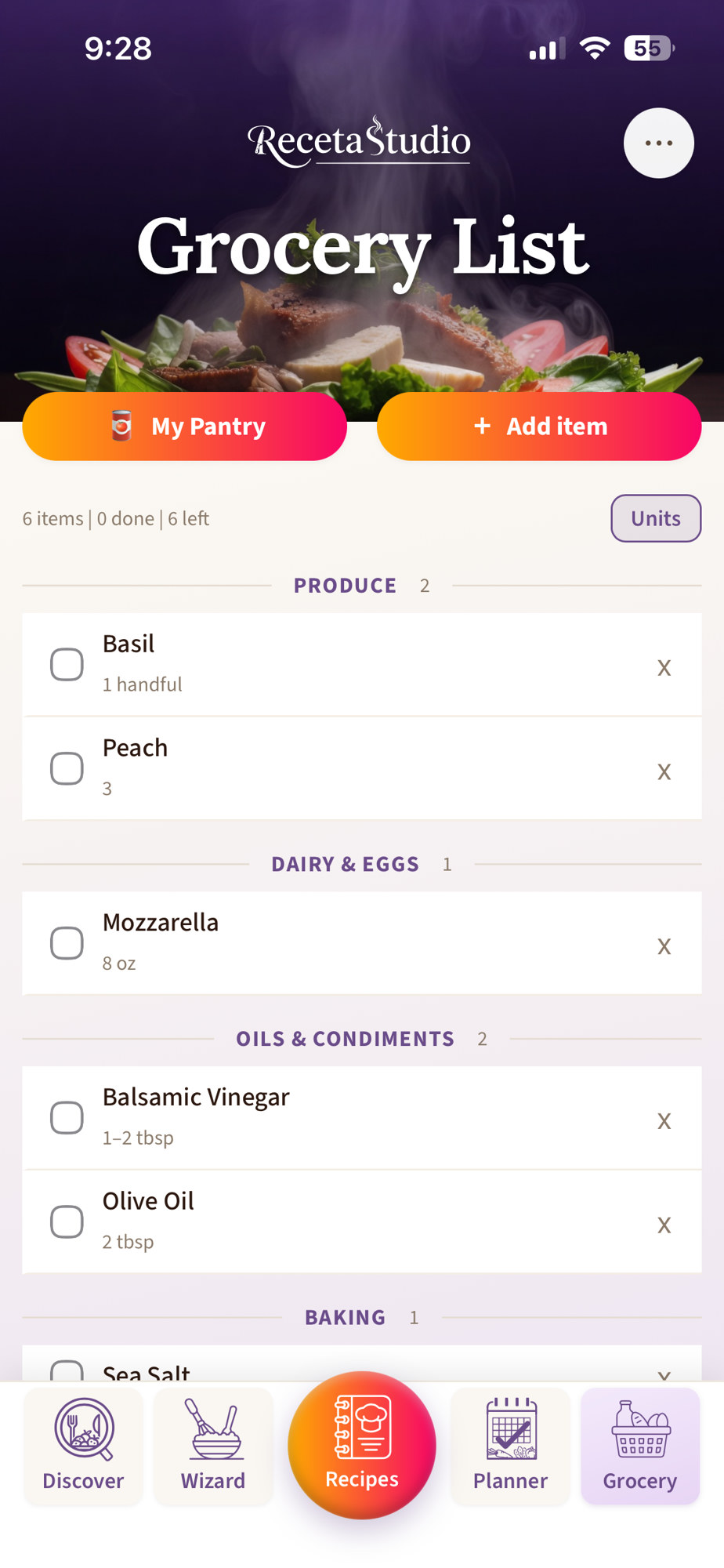 Grocery list with pantry items and shopping list.